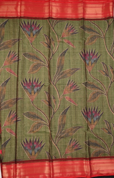 Tussar fancy saree olive green color allover digital kalamkari prints and zari weaving border with printed pallu and plain blouse
