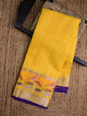 Silk kota fancy saree golden yellow color allover zari butis & zari border with short pallu and contrast blouse