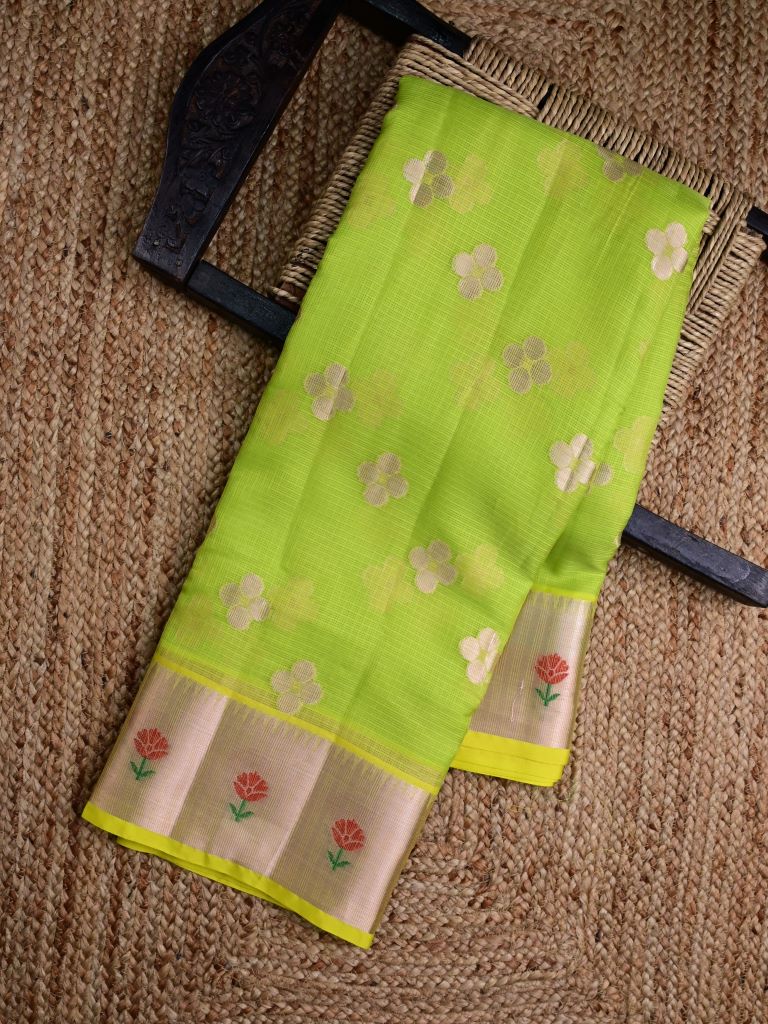 Silk kota fancy saree light parrot green color allover zari butis & zari border with paithani pallu and paithani blouse