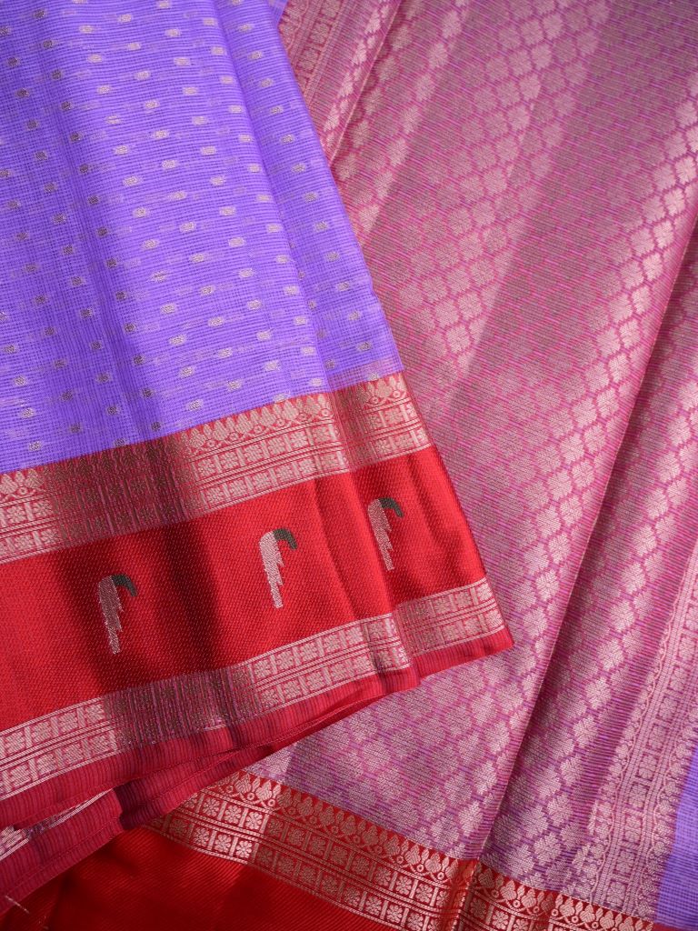 Silk kota fancy saree light purple color allover zari butis & zari border with short pallu and contrast blouse