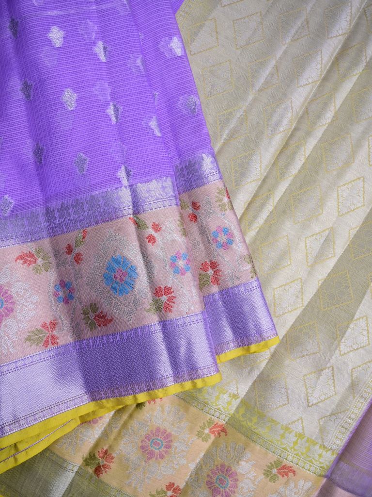 Silk kota fancy saree light lavender color allover zari butis & zari border with short pallu and contrast blouse