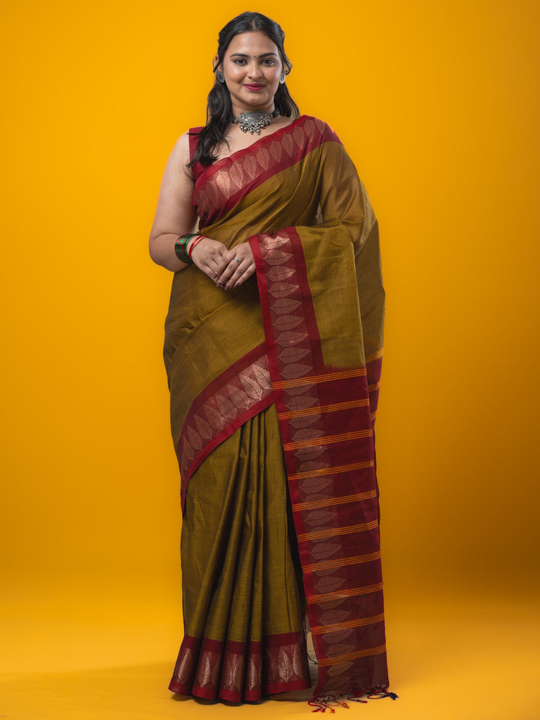 Dhaka cotton saree mustard yellow color allover plain & zari border with contrast plain pallu and plain blouse