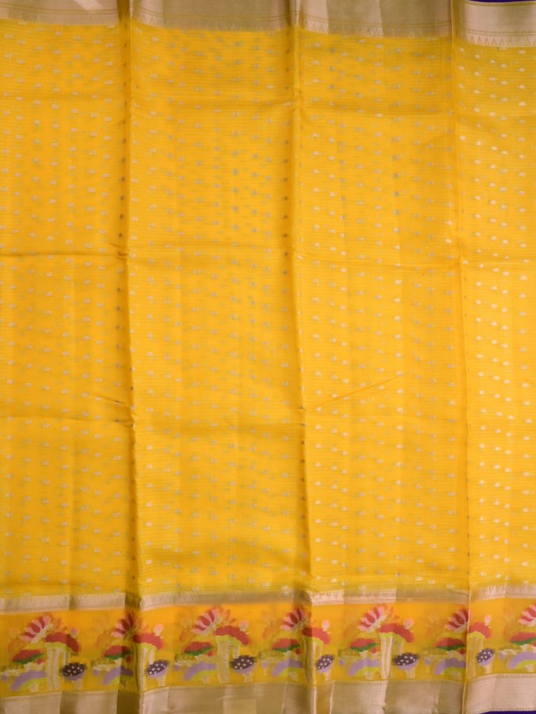 Silk kota fancy saree golden yellow color allover zari butis & zari border with short pallu and contrast blouse