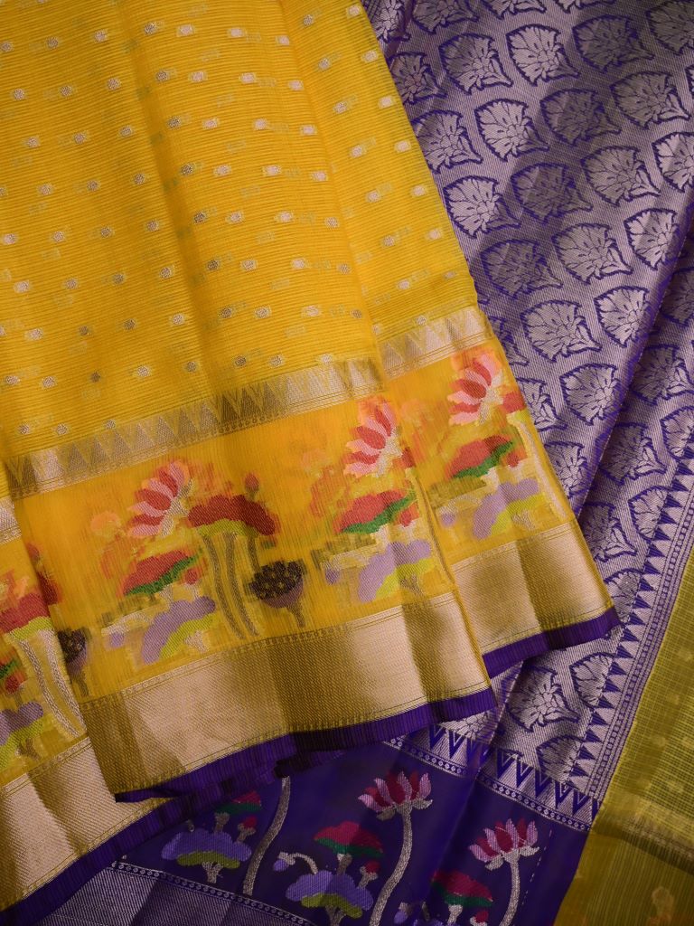 Silk kota fancy saree golden yellow color allover zari butis & zari border with short pallu and contrast blouse