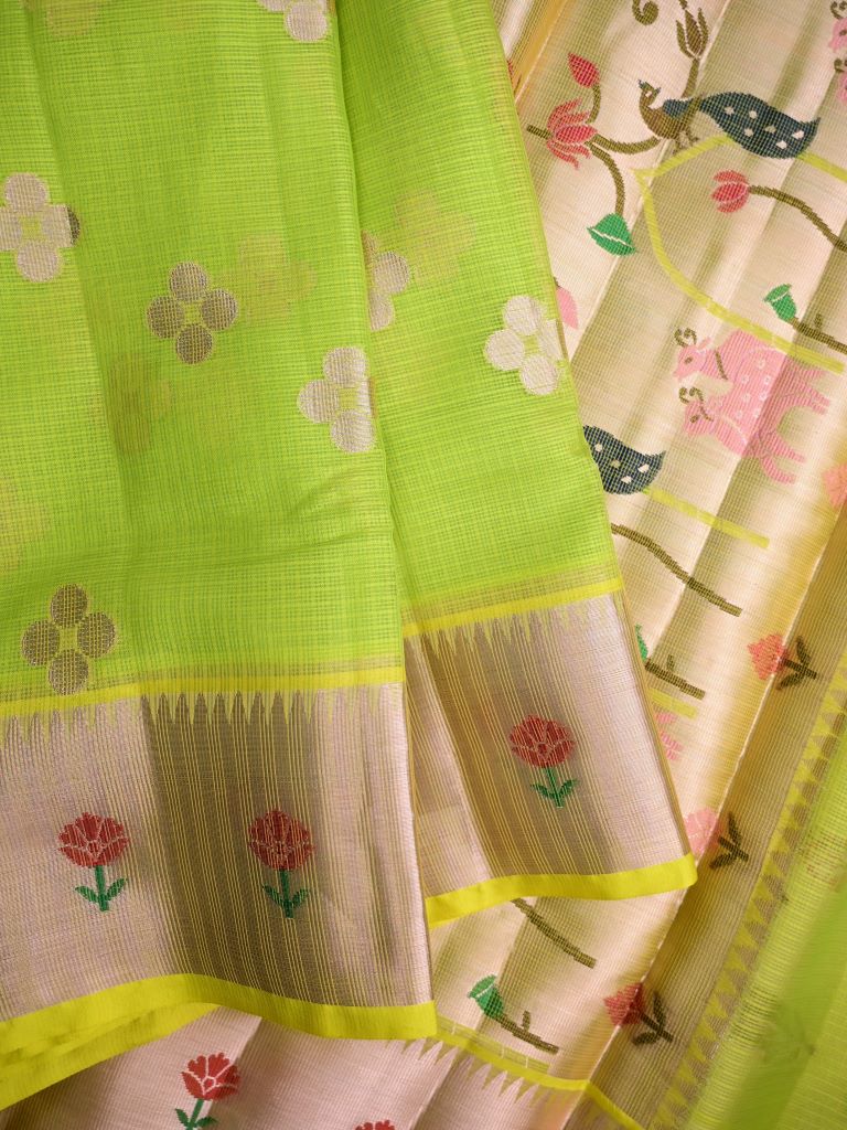 Silk kota fancy saree light parrot green color allover zari butis & zari border with paithani pallu and paithani blouse