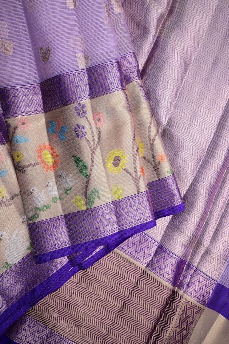 Silk kota fancy saree light purple color allover zari butis & zari border with short pallu and contrast blouse