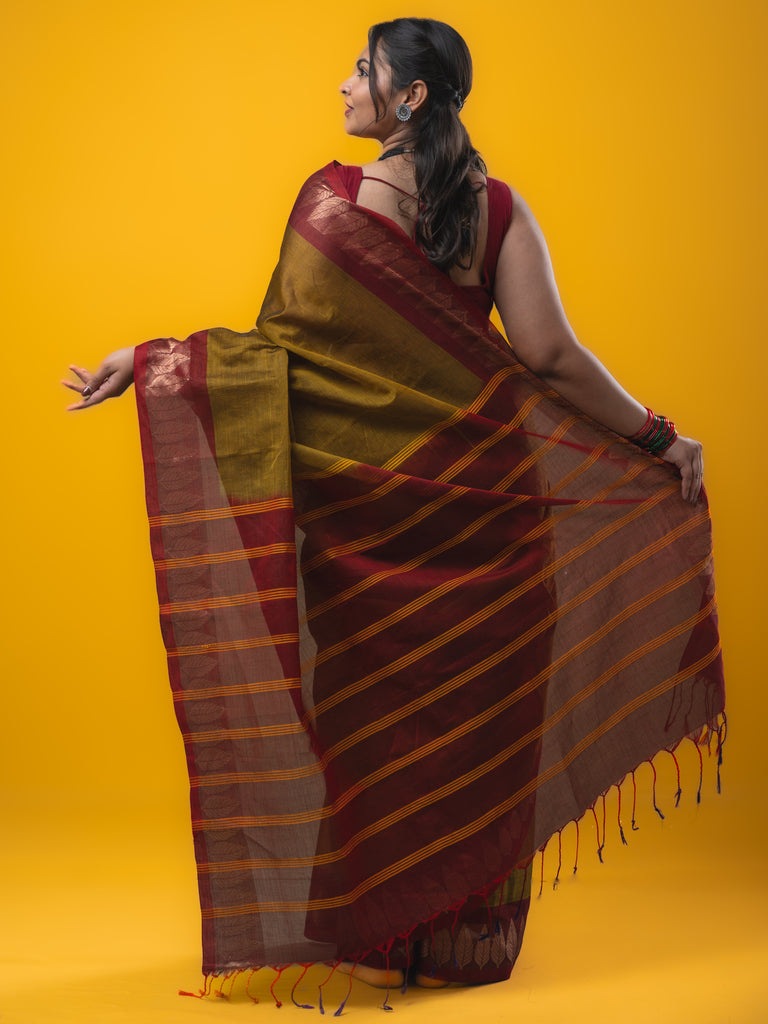 Dhaka cotton saree mustard yellow color allover plain & zari border with contrast plain pallu and plain blouse
