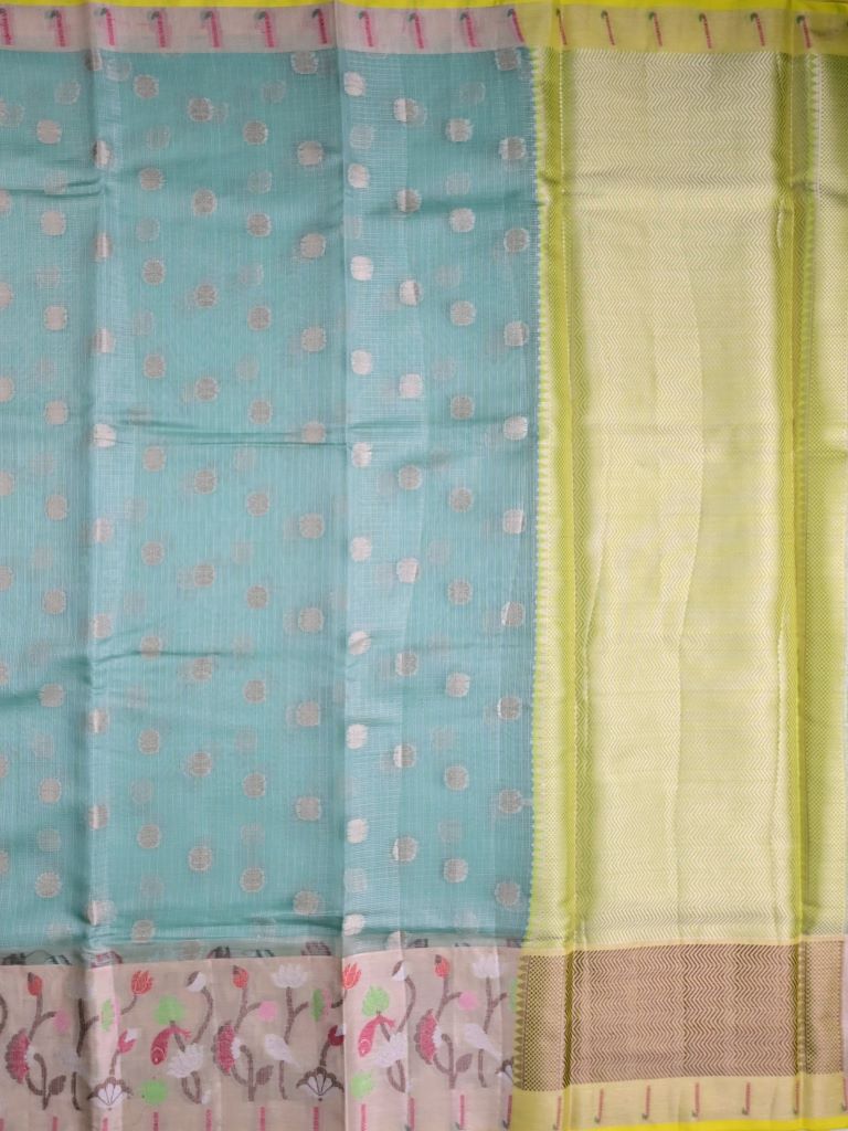 Silk kota fancy saree light blue color allover zari butis & zari border with short pallu and contrast blouse