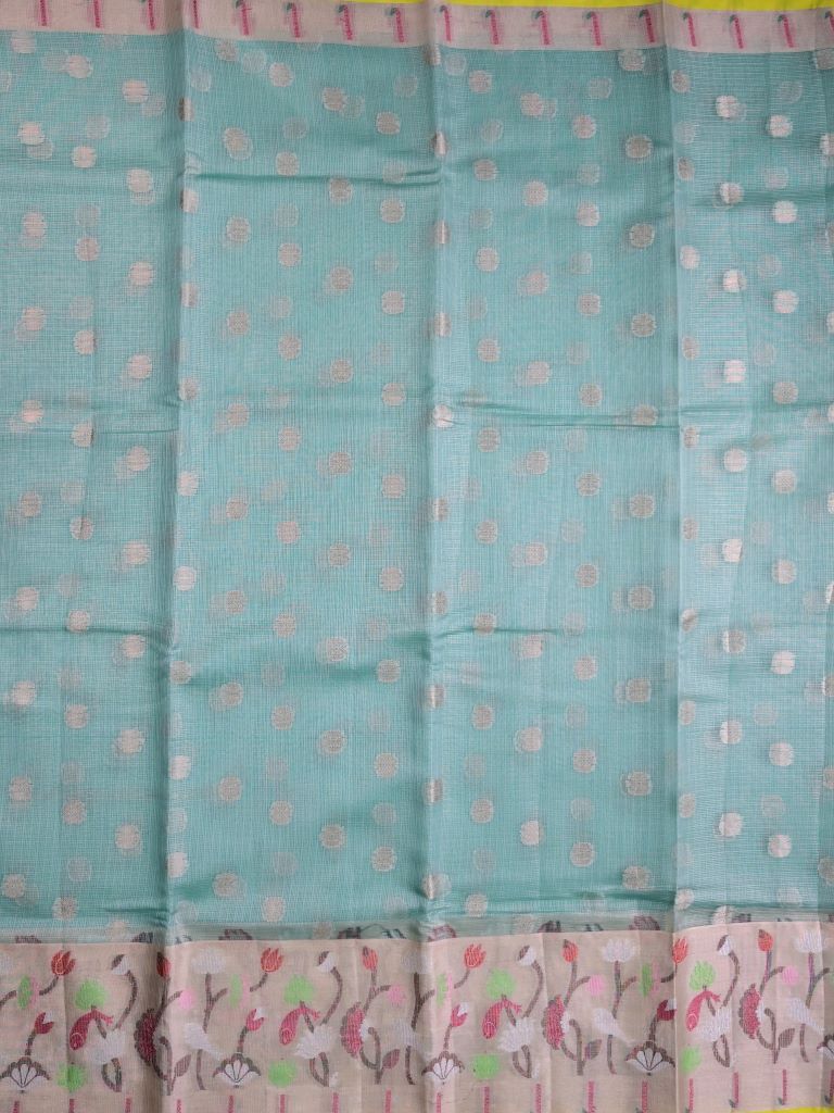 Silk kota fancy saree light blue color allover zari butis & zari border with short pallu and contrast blouse