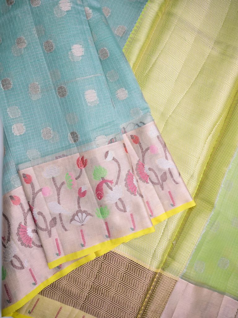 Silk kota fancy saree light blue color allover zari butis & zari border with short pallu and contrast blouse