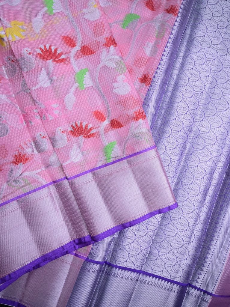 Silk kota fancy saree baby pink color allover zari butis & zari border with short pallu and contrast blouse