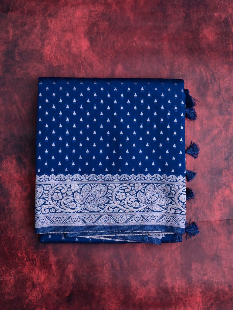 Dupion fancy saree royal blue color allover zari motifs & silver zari border with rich pallu and brocade blouse