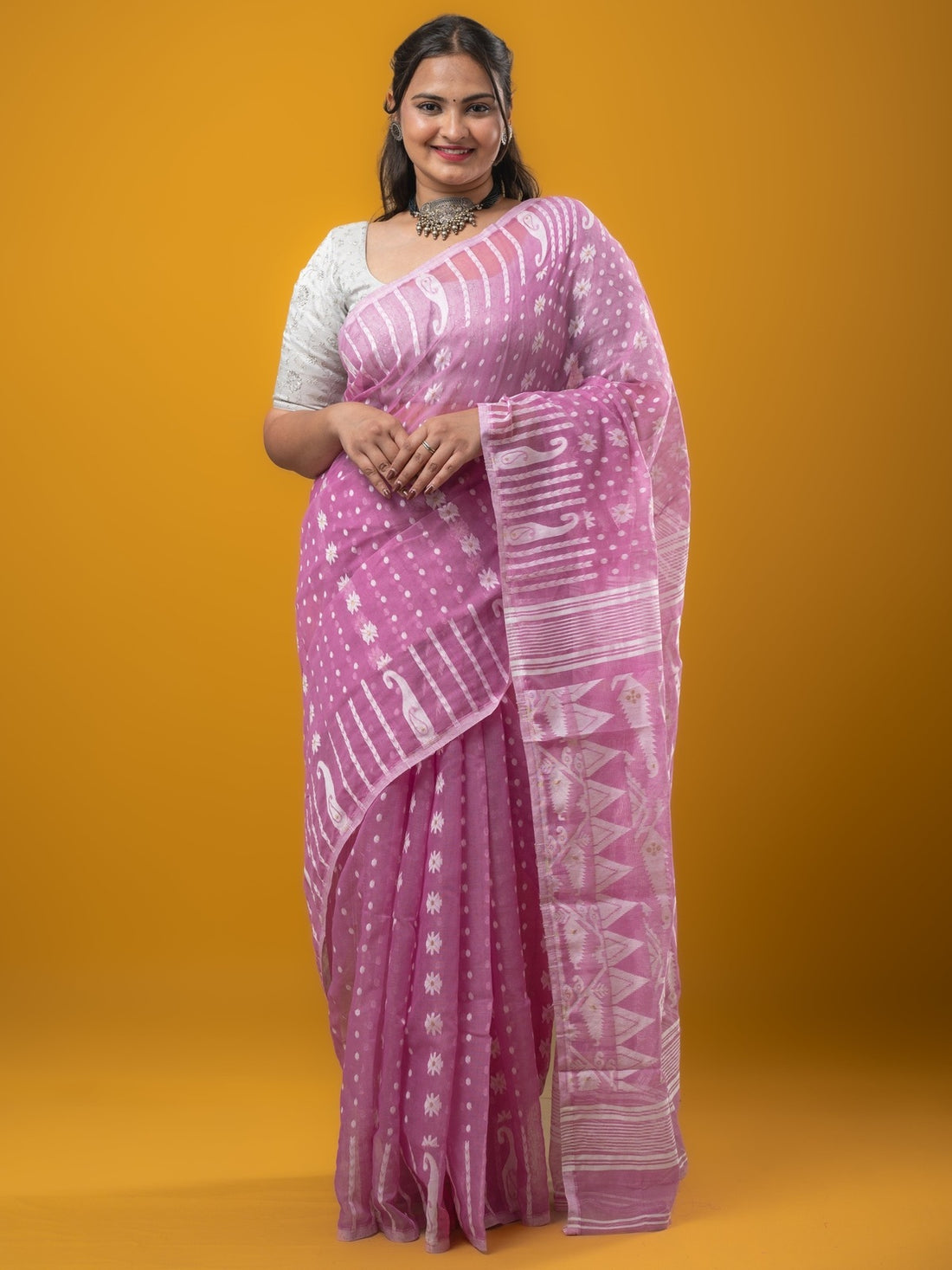 Jamdani Cotton Saree Pink Color with Allover Weaves, Small Border, Weaving Pallu & Plain Blouse | Lightweight & Elegant Saree