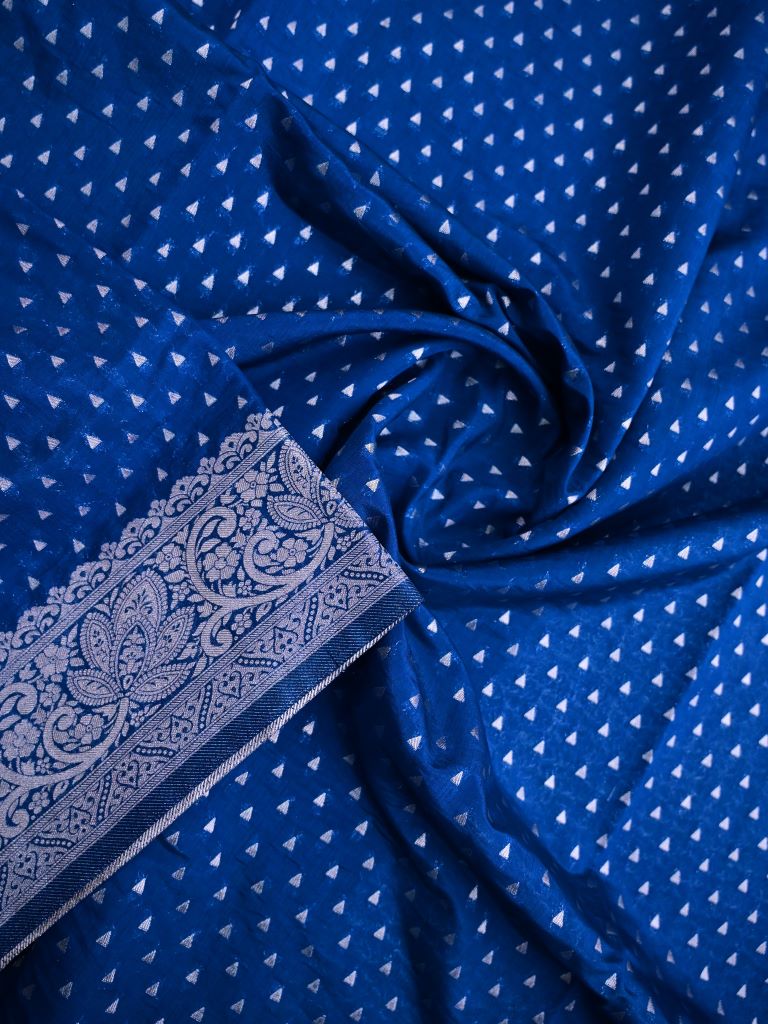 Dupion fancy saree royal blue color allover zari motifs & silver zari border with rich pallu and brocade blouse