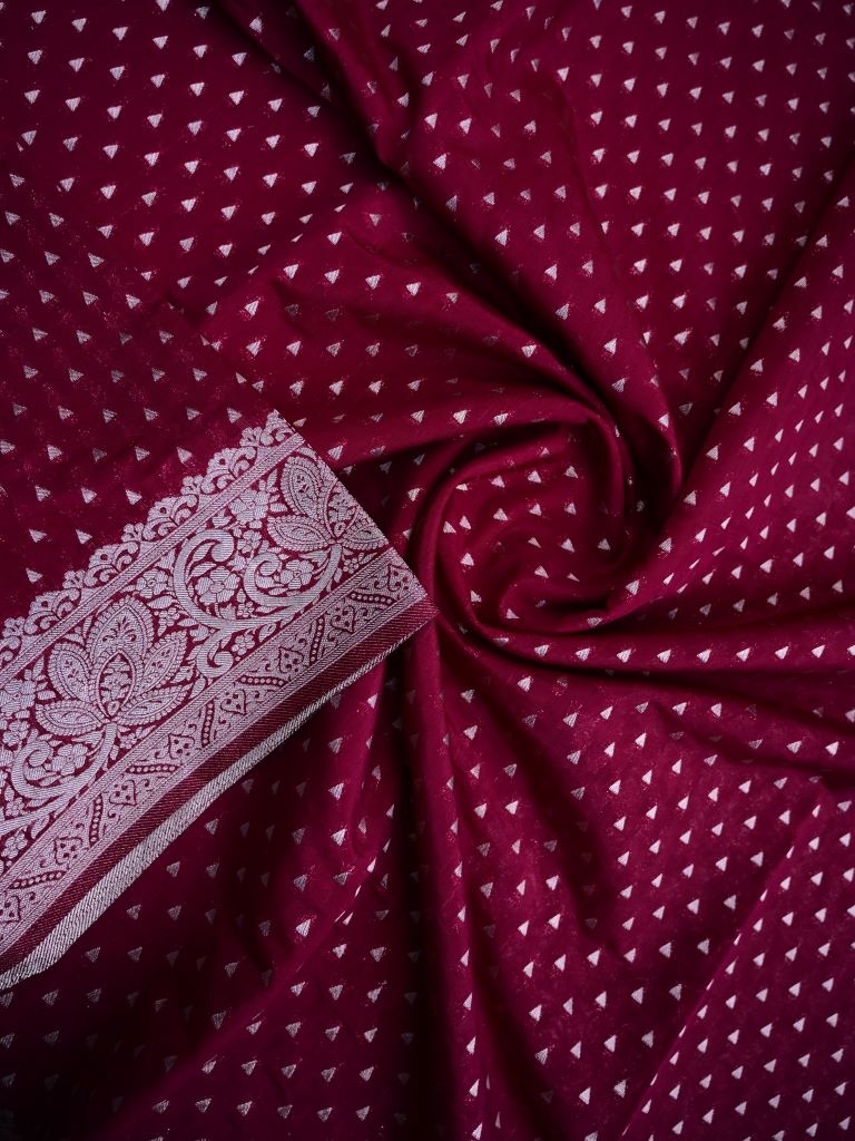 Dupion fancy saree maroon color allover zari motifs & silver zari border with rich pallu and brocade blouse