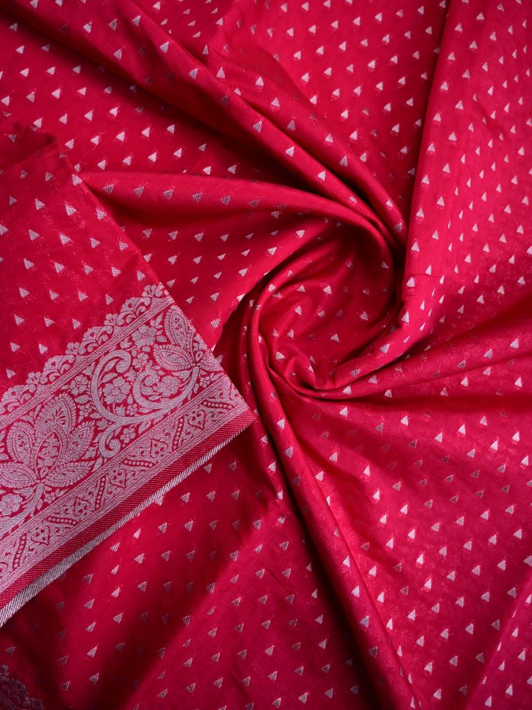 Dupion fancy saree cherry pink color allover zari motifs & silver zari border with rich pallu and brocade blouse