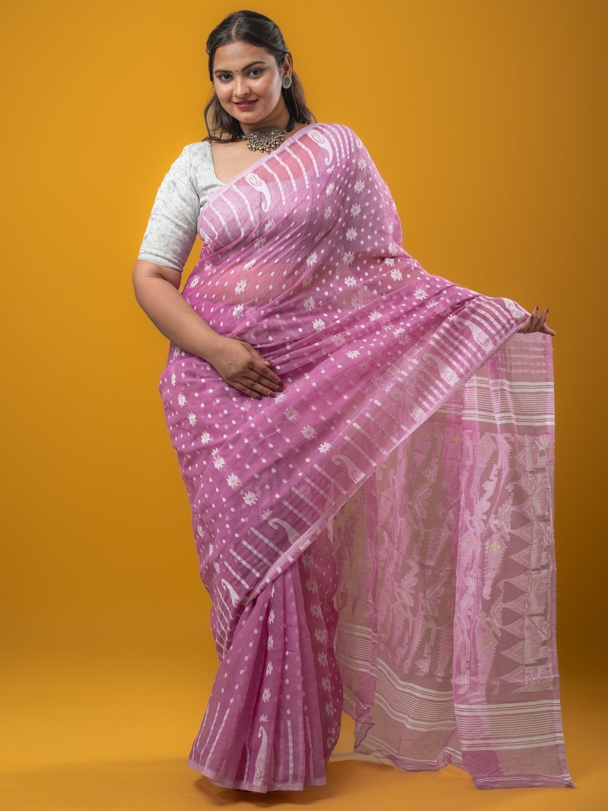 Jamdani Cotton Saree Pink Color with Allover Weaves, Small Border, Weaving Pallu & Plain Blouse | Lightweight & Elegant Saree