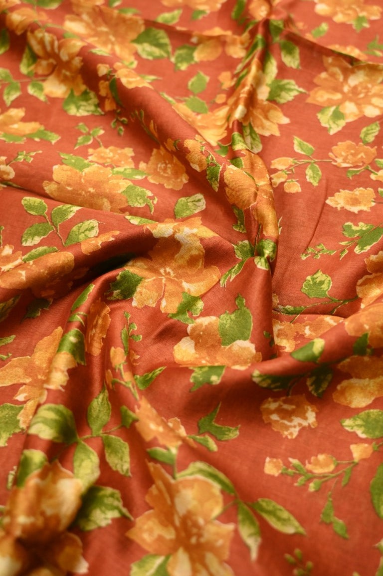Tussar matka fancy saree orange color allover floral prints and zari weaving border with short pallu and plain blouse