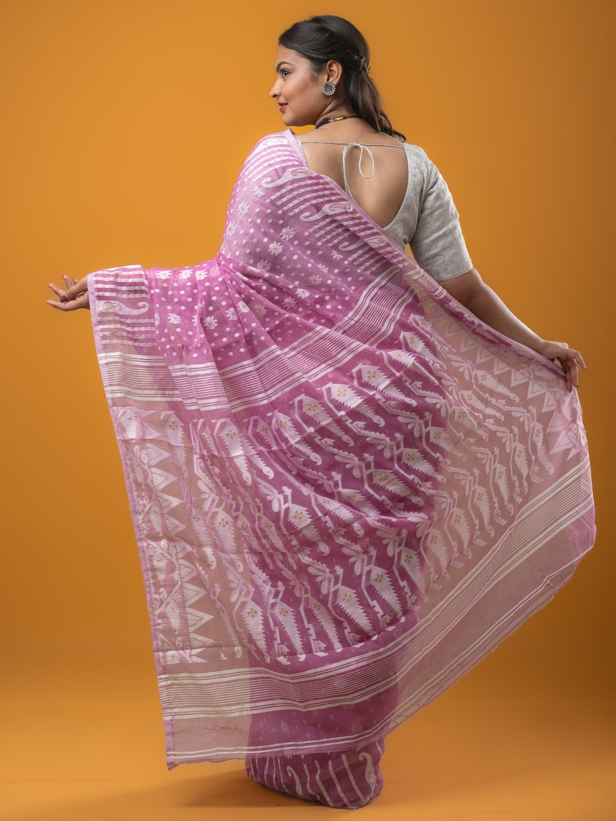 Jamdani Cotton Saree Pink Color with Allover Weaves, Small Border, Weaving Pallu & Plain Blouse | Lightweight & Elegant Saree