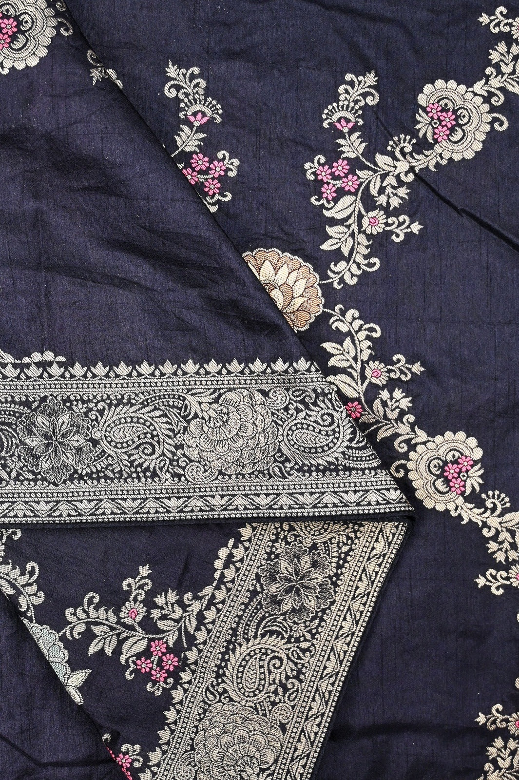 Dola silk saree black color with allover meenakari work, rich pallu, small zari border and running plain blouse.