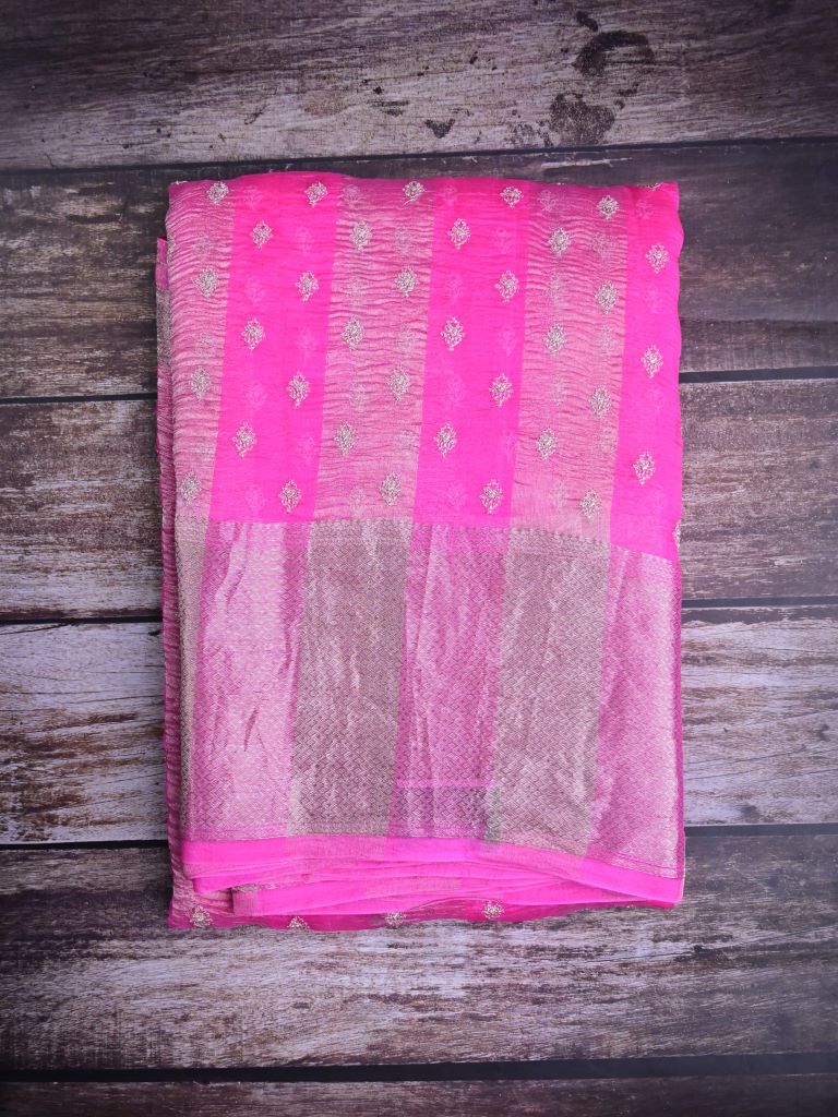 Organza crush fancy saree rose pink color allover zari stripes, motifs & zari border with self pallu and attached plain blouse