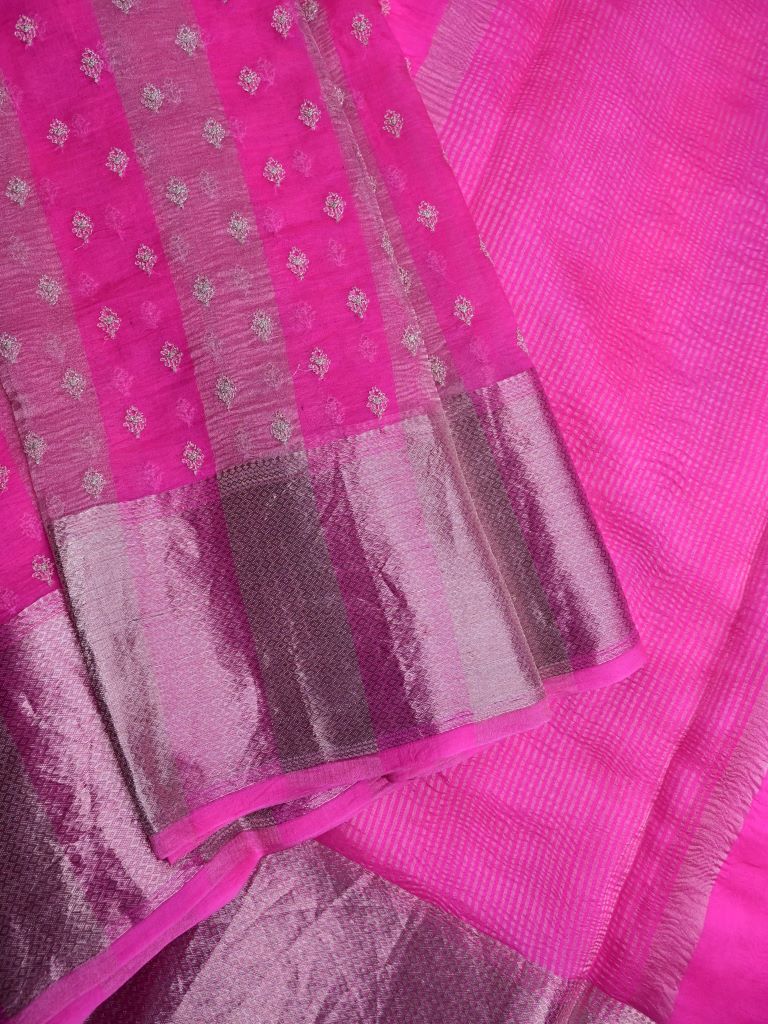 Organza crush fancy saree rose pink color allover zari stripes, motifs & zari border with self pallu and attached plain blouse