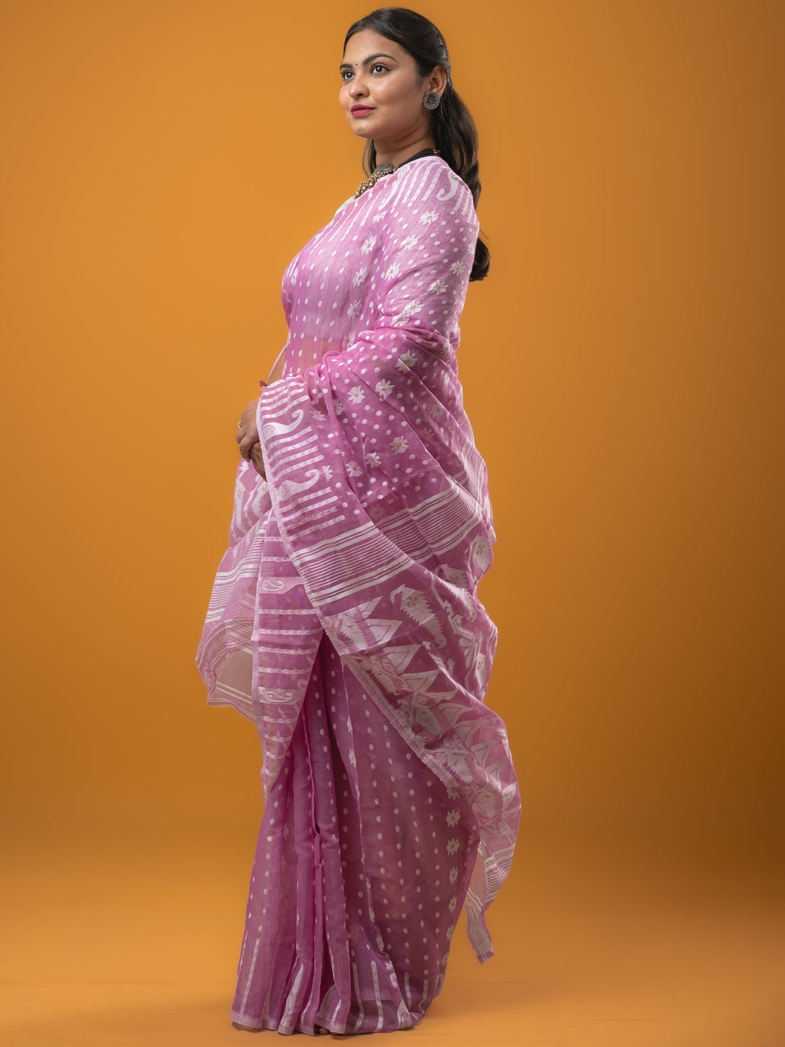 Jamdani Cotton Saree Pink Color with Allover Weaves, Small Border, Weaving Pallu & Plain Blouse | Lightweight & Elegant Saree