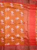 Tussar matka fancy saree orange color allover floral prints and zari weaving border with short pallu and plain blouse