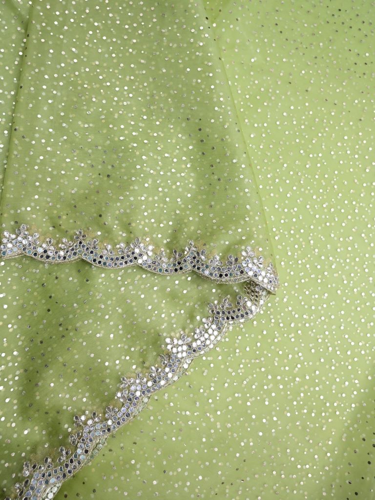 Organza fancy saree pista green color allover sequence & embroidery border with running pallu and stitched blouse