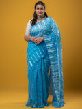Jamdani Cotton Saree Blue Color with Allover Weaves, Small Border, Weaving Pallu & Plain Blouse | Lightweight & Elegant Saree
