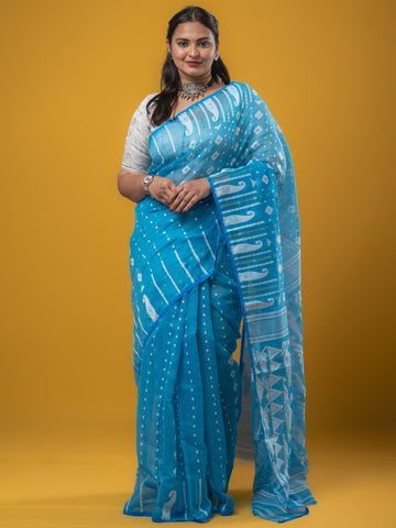 Jamdani Cotton Saree Blue Color with Allover Weaves, Small Border, Weaving Pallu & Plain Blouse | Lightweight & Elegant Saree