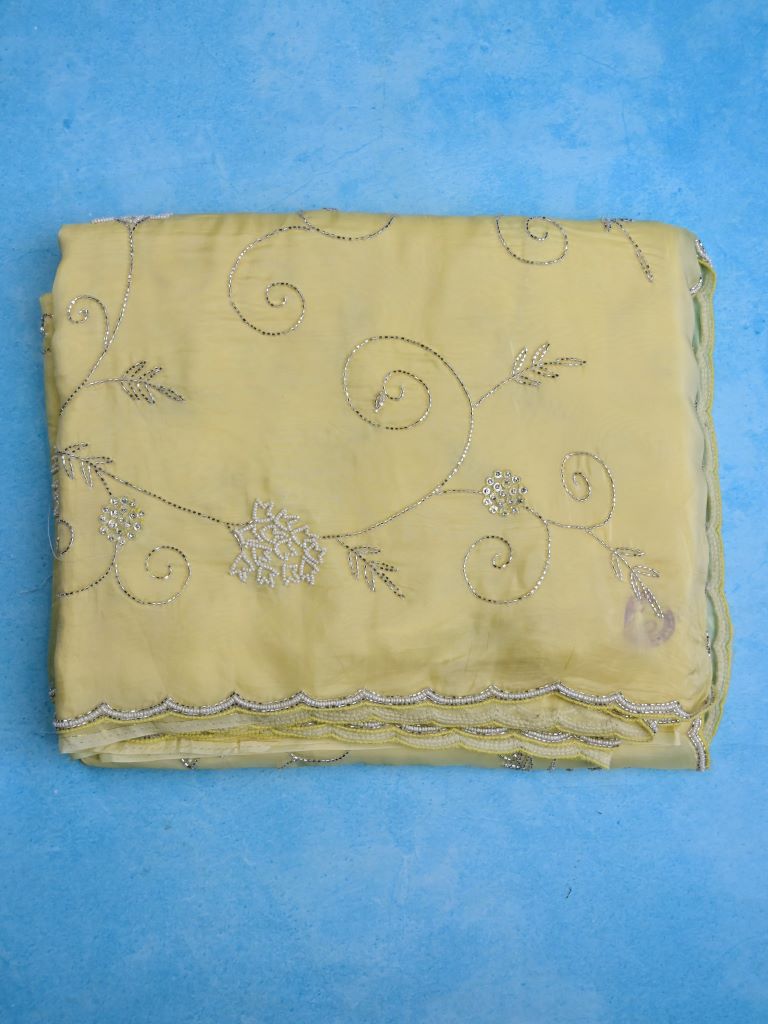 Tabby silk fancy saree light yellow color allover embroidery & cutwork border with running pallu and stitched blouse