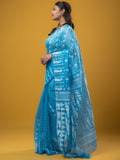 Jamdani Cotton Saree Blue Color with Allover Weaves, Small Border, Weaving Pallu & Plain Blouse | Lightweight & Elegant Saree