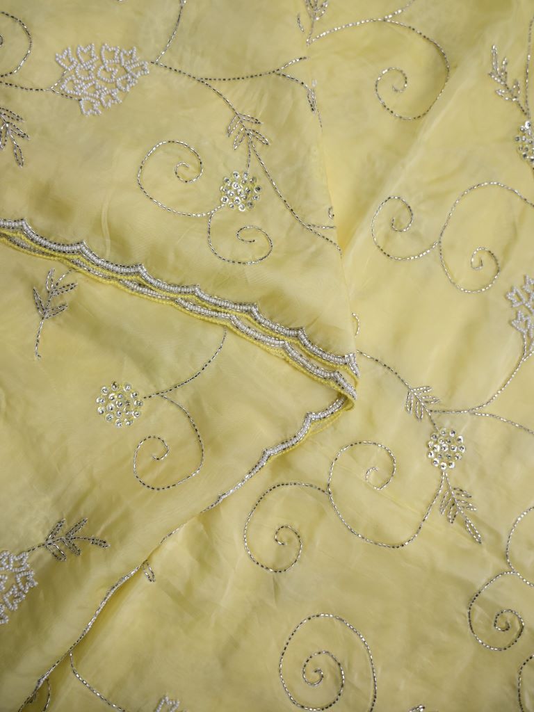 Tabby silk fancy saree light yellow color allover embroidery & cutwork border with running pallu and stitched blouse