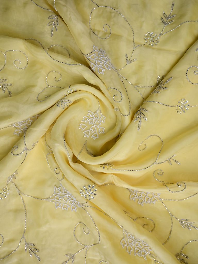 Tabby silk fancy saree light yellow color allover embroidery & cutwork border with running pallu and stitched blouse