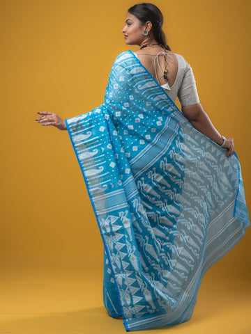 Jamdani Cotton Saree Blue Color with Allover Weaves, Small Border, Weaving Pallu & Plain Blouse | Lightweight & Elegant Saree