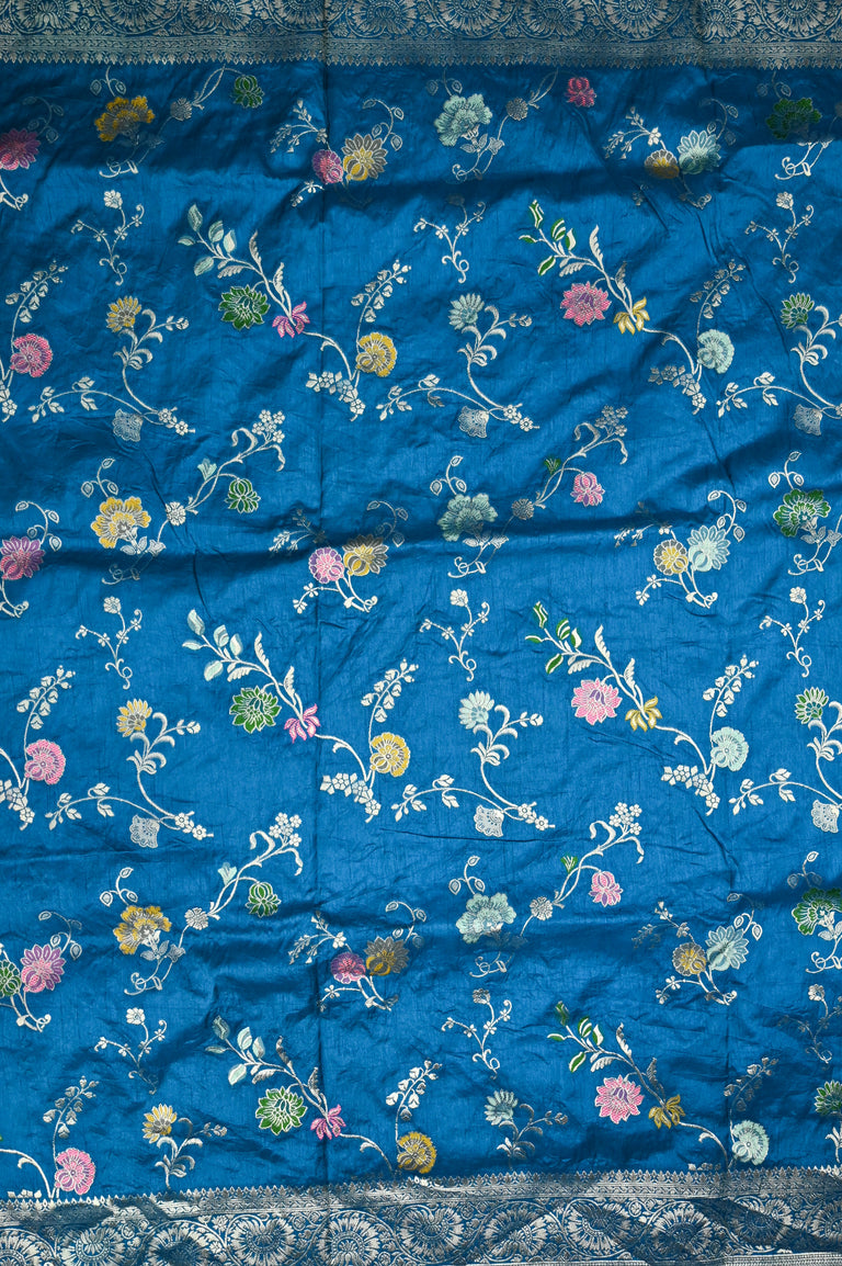 Organza fancy saree sky blue color allover zari weaving motifs and zari weaving border with rich pallu and attached plain blouse