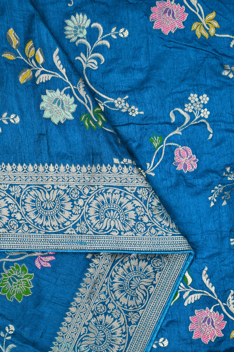 Organza fancy saree sky blue color allover zari weaving motifs and zari weaving border with rich pallu and attached plain blouse