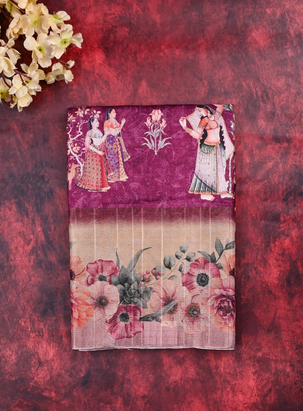 Fancy tussar saree purple color with allover prints, big floral border with printed pallu and blouse