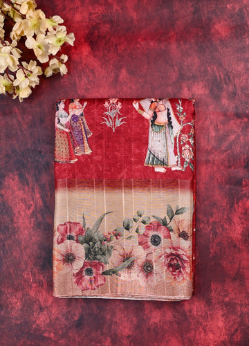 Fancy tussar saree maroon color with allover prints, big floral border with printed pallu and blouse