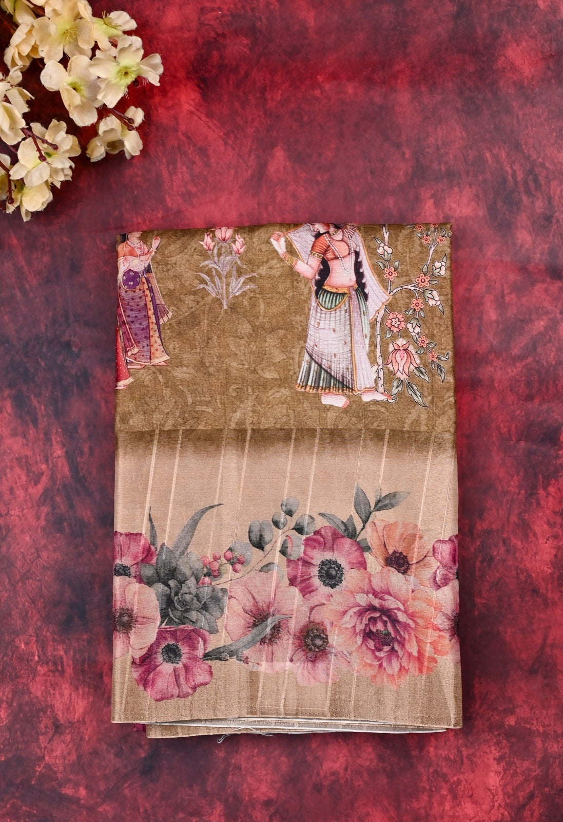 Fancy tussar saree olive green color with allover prints, big floral border with printed pallu and blouse