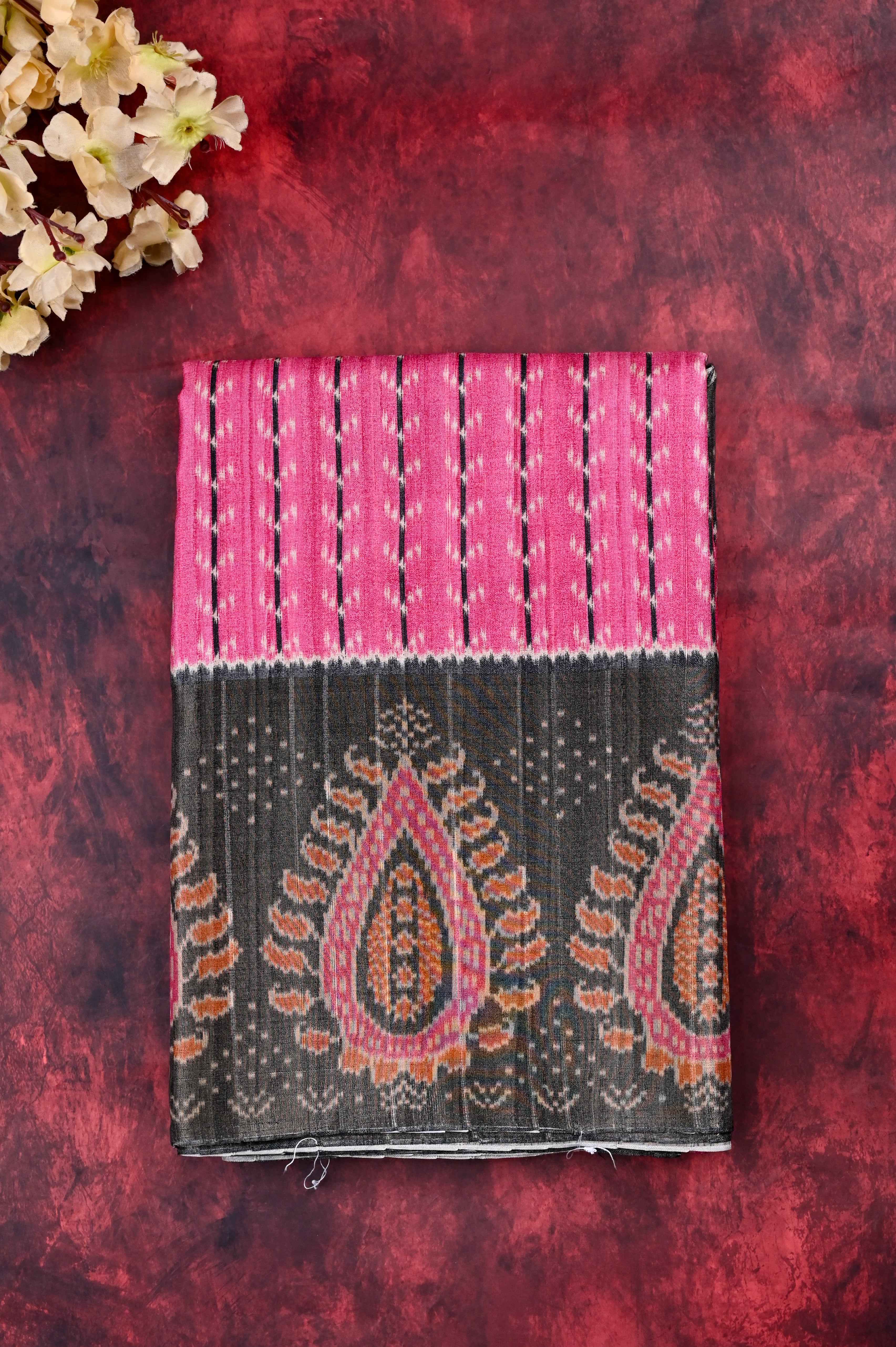 Fancy tussar saree pink color with allover prints, big tissue border with printed pallu and blouse