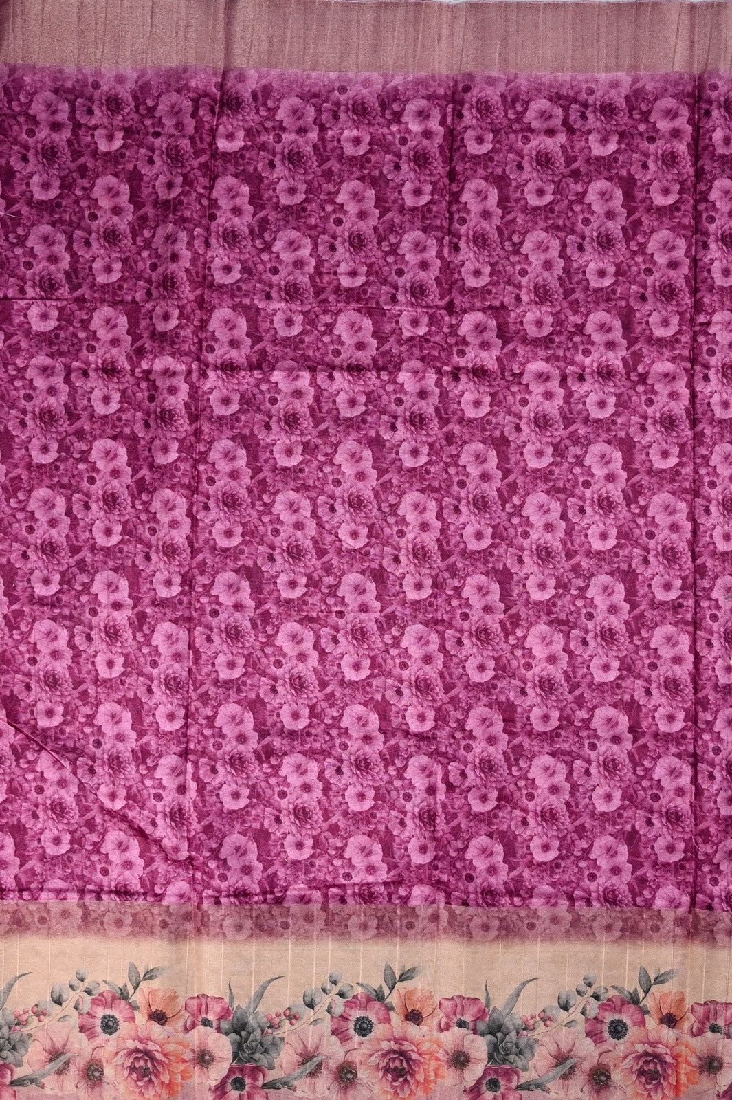 Fancy tussar saree purple color with allover prints, big floral border with printed pallu and blouse