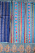 Fancy tussar saree blue color with allover prints, big tissue border with printed pallu and blouse