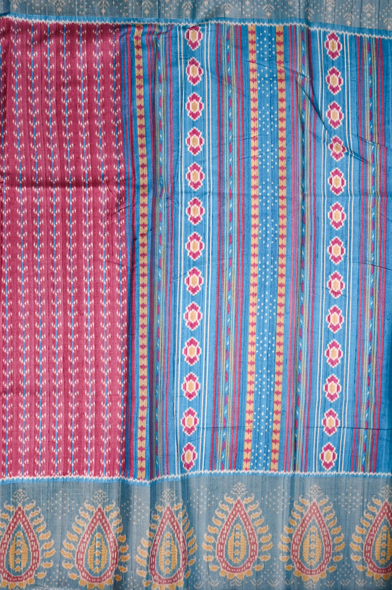 Maheswari silk saree red color allover prints and zari weaving border with stripes pallu and plain blouse