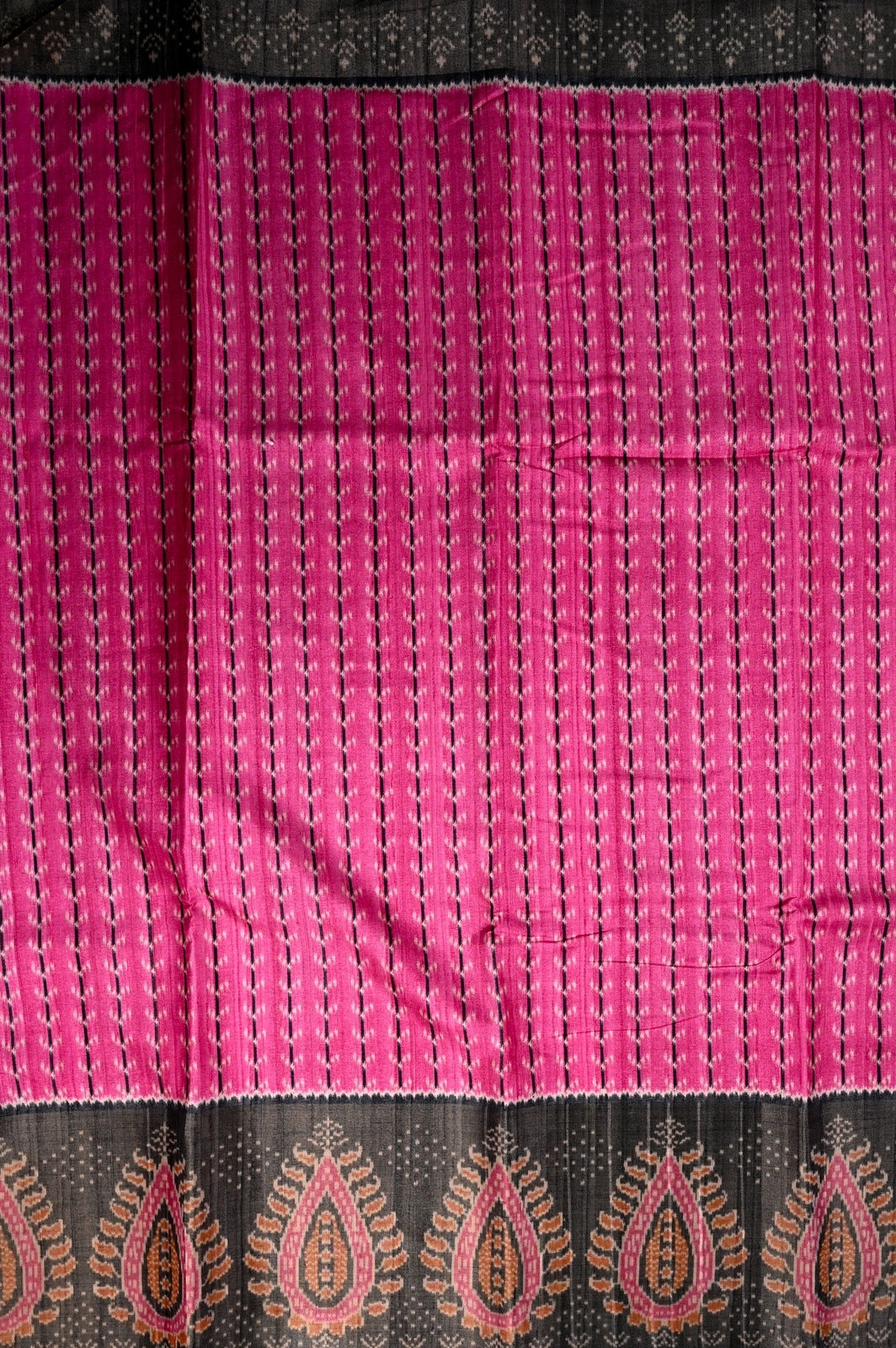 Fancy tussar saree pink color with allover prints, big tissue border with printed pallu and blouse