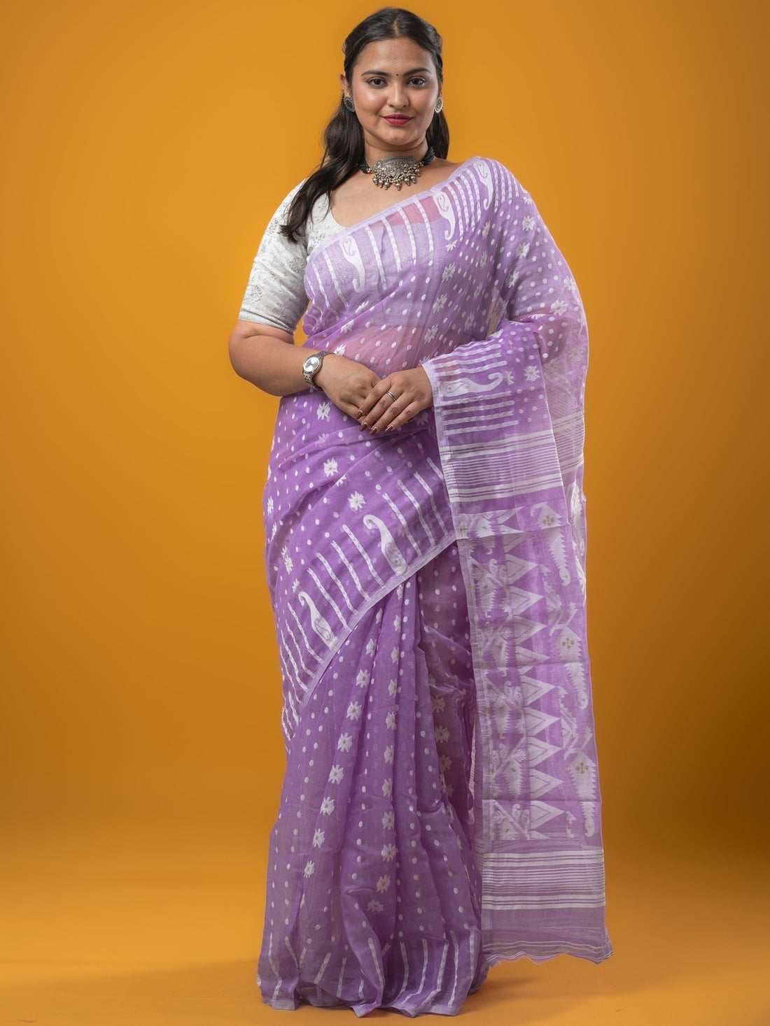 Jamdani Cotton Saree Lavender Color with Allover Weaves, Small Border, Weaving Pallu & Plain Blouse | Lightweight & Elegant Saree