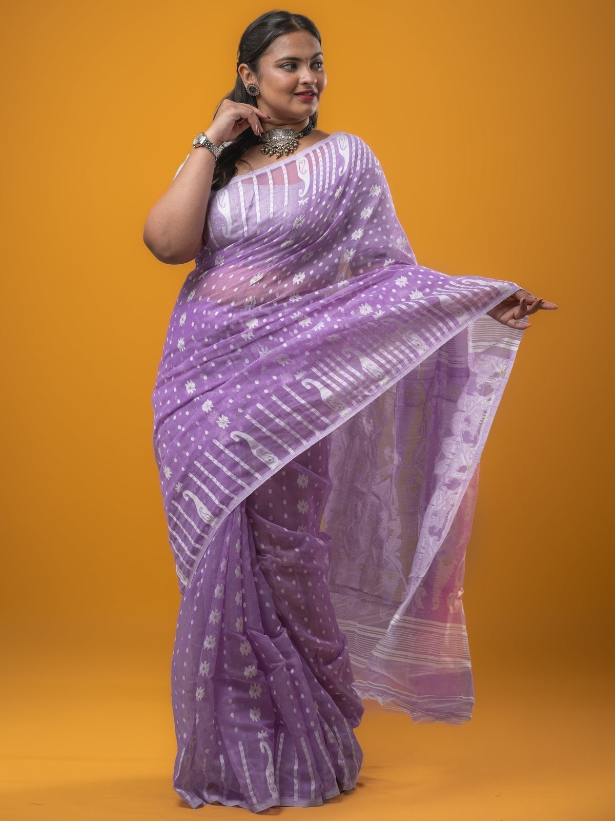 Jamdani Cotton Saree Lavender Color with Allover Weaves, Small Border, Weaving Pallu & Plain Blouse | Lightweight & Elegant Saree