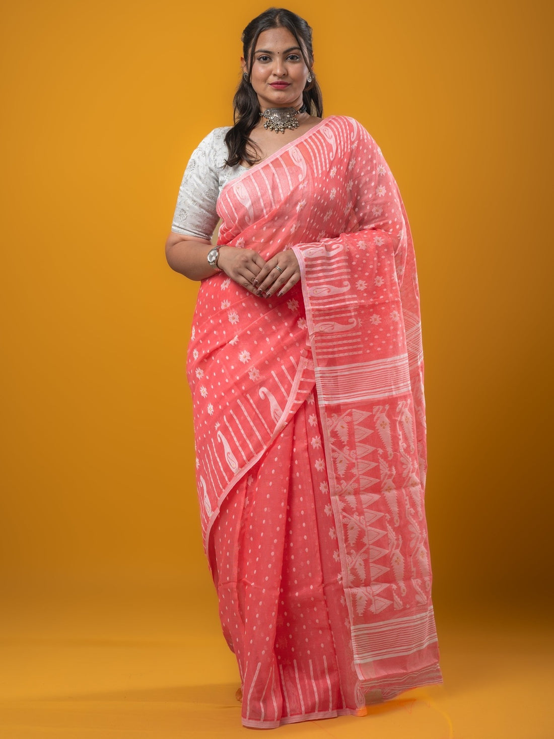 Jamdani Cotton Saree Peach Color with Allover Weaves, Small Border, Weaving Pallu & Plain Blouse | Lightweight & Elegant Saree