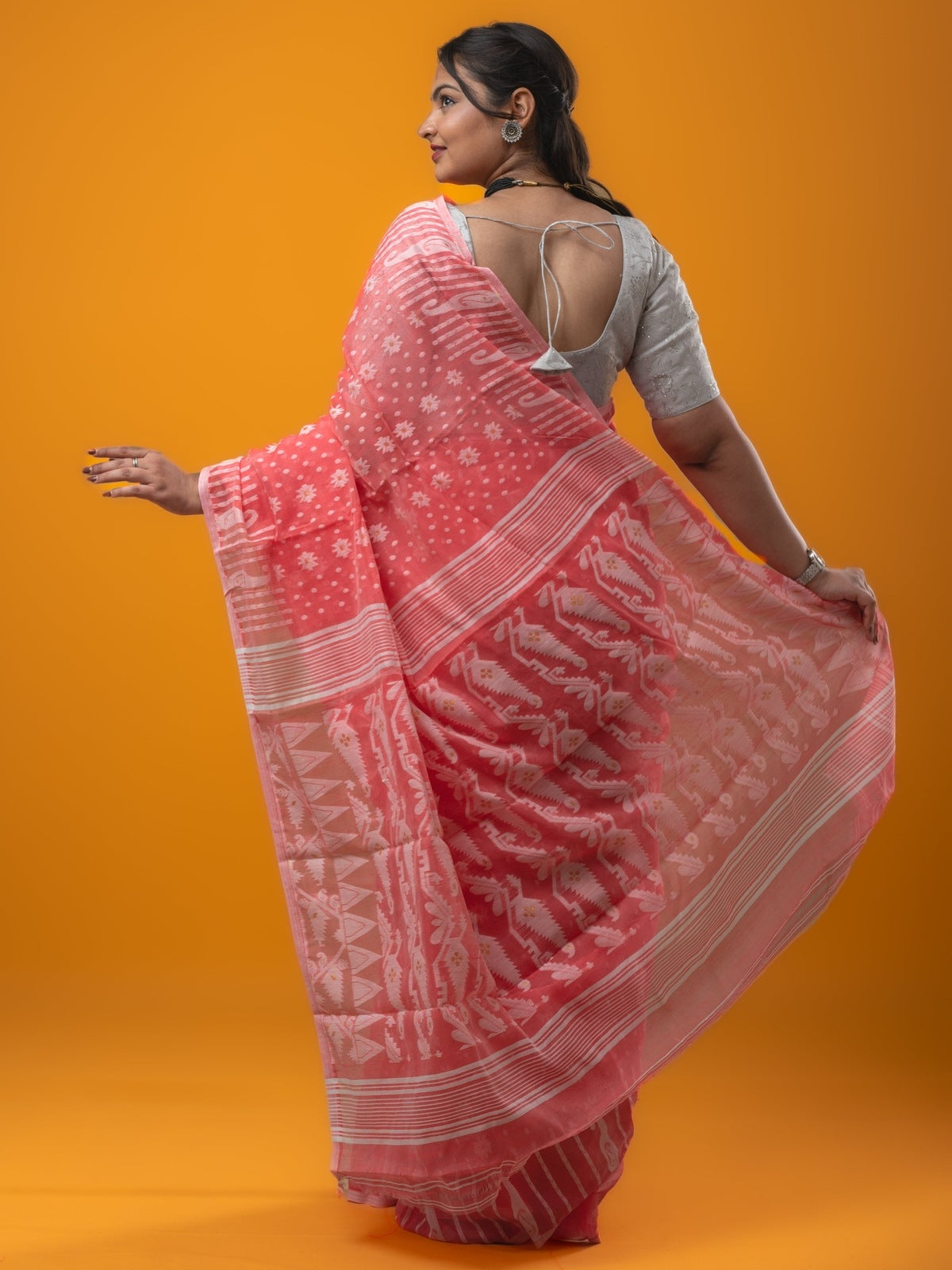 Jamdani Cotton Saree Peach Color with Allover Weaves, Small Border, Weaving Pallu & Plain Blouse | Lightweight & Elegant Saree